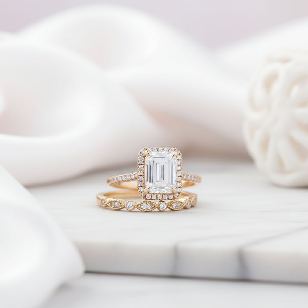Yellow Gold 4.0 CT Emerald Cut Wedding Ring Set-Black Diamonds New York