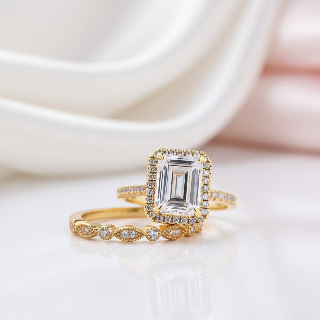 Yellow Gold 4.0 CT Emerald Cut Wedding Ring Set-Black Diamonds New York