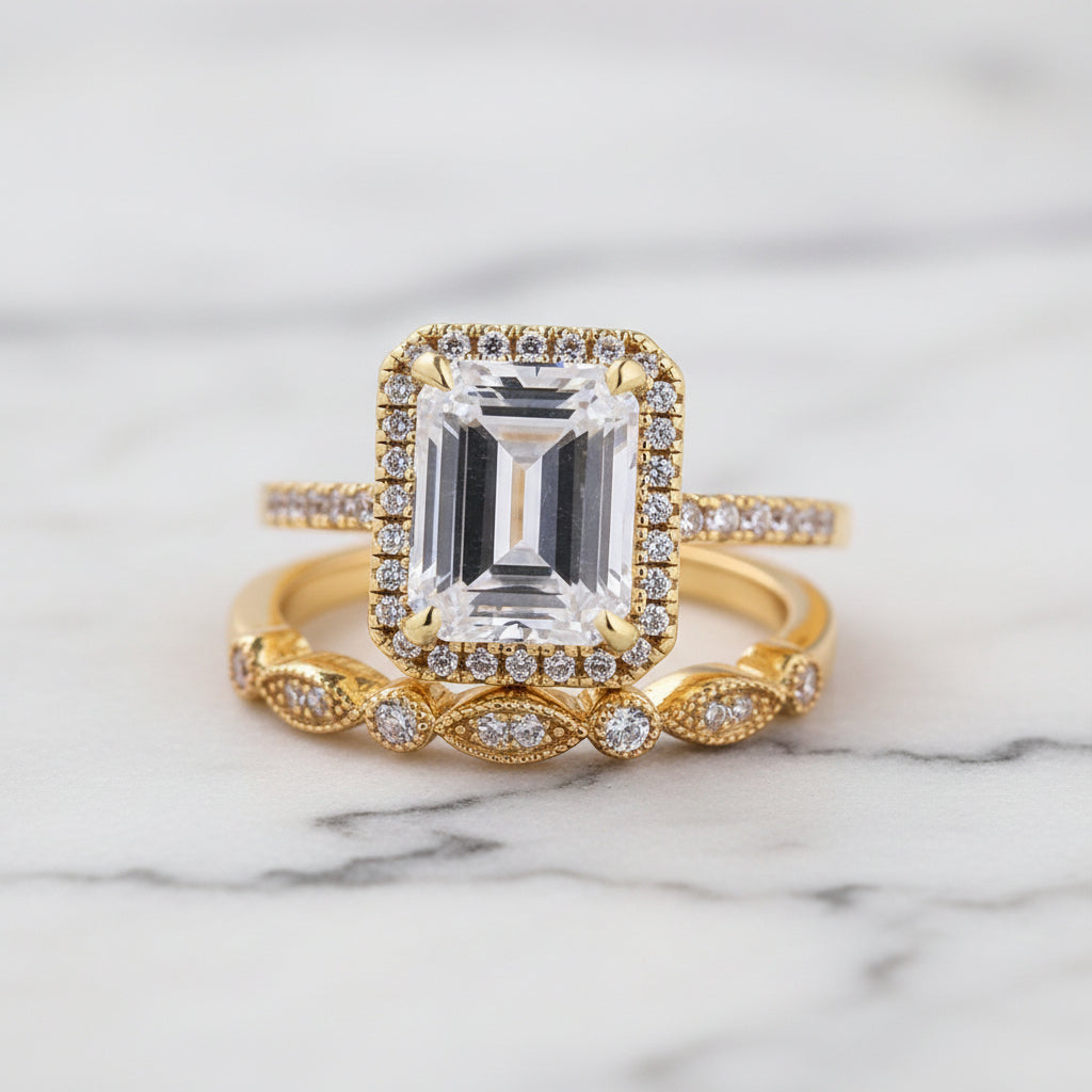 Yellow Gold 4.0 CT Emerald Cut Wedding Ring Set-Black Diamonds New York