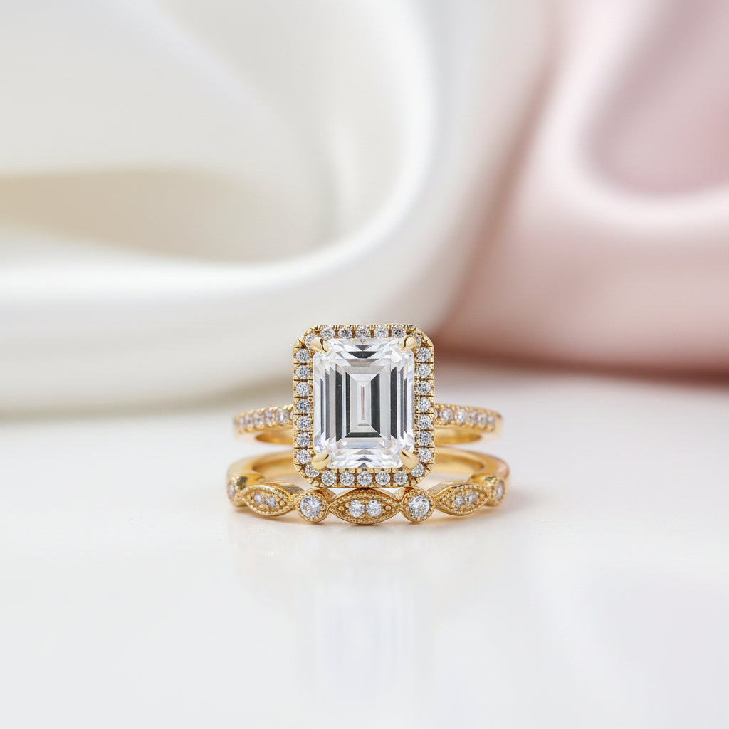 Yellow Gold 4.0 CT Emerald Cut Wedding Ring Set-Black Diamonds New York