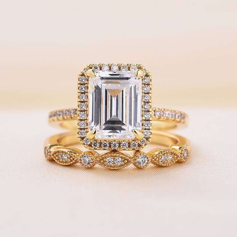 Yellow Gold 4.0 CT Emerald Cut Wedding Ring Set-Black Diamonds New York