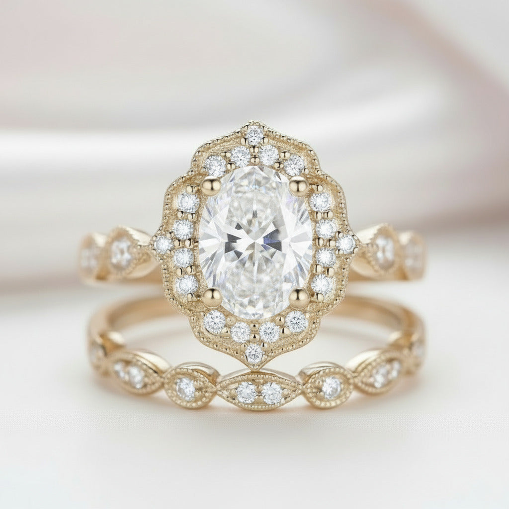 Yellow Gold Art Deco Halo Milgrain Oval Cut Wedding Set-Black Diamonds New York