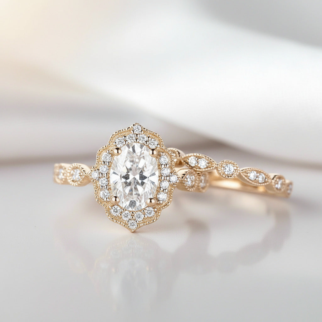 Yellow Gold Art Deco Halo Milgrain Oval Cut Wedding Set-Black Diamonds New York