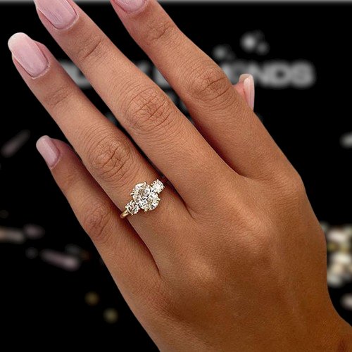Yellow Gold Certified Oval Cut Moissanite Three Stone Engagement Ring-Black Diamonds New York
