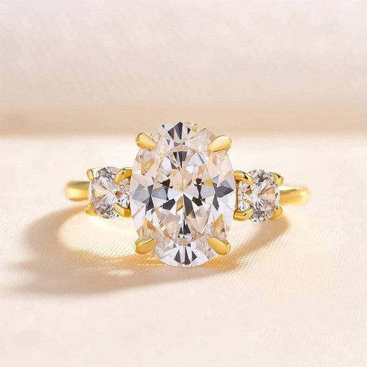 Yellow Gold Certified Oval Cut Moissanite Three Stone Engagement Ring-Black Diamonds New York