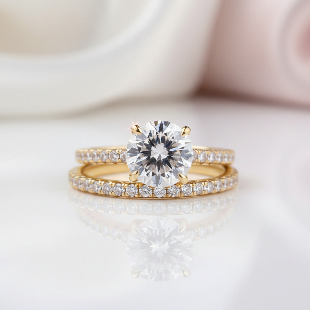 Yellow Gold Classic Round Cut Wedding Ring Set-Black Diamonds New York