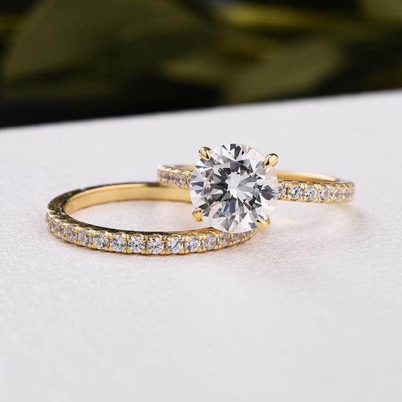 Yellow Gold Classic Round Cut Wedding Ring Set-Black Diamonds New York