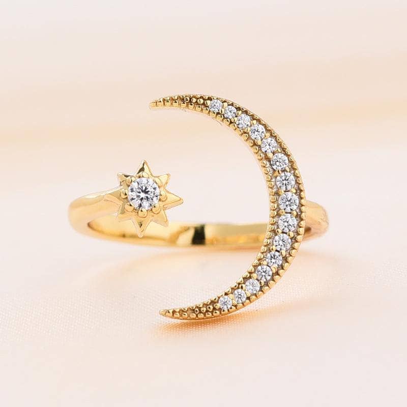 Yellow Gold Crescent Moon & Star Adjustable Open Ring-Black Diamonds New York