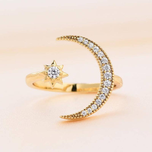 Yellow Gold Crescent Moon & Star Adjustable Open Ring - Black Diamonds New York