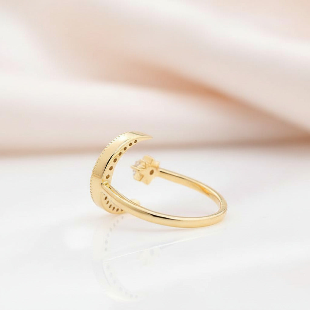 Yellow Gold Crescent Moon & Star Adjustable Open Ring-Black Diamonds New York