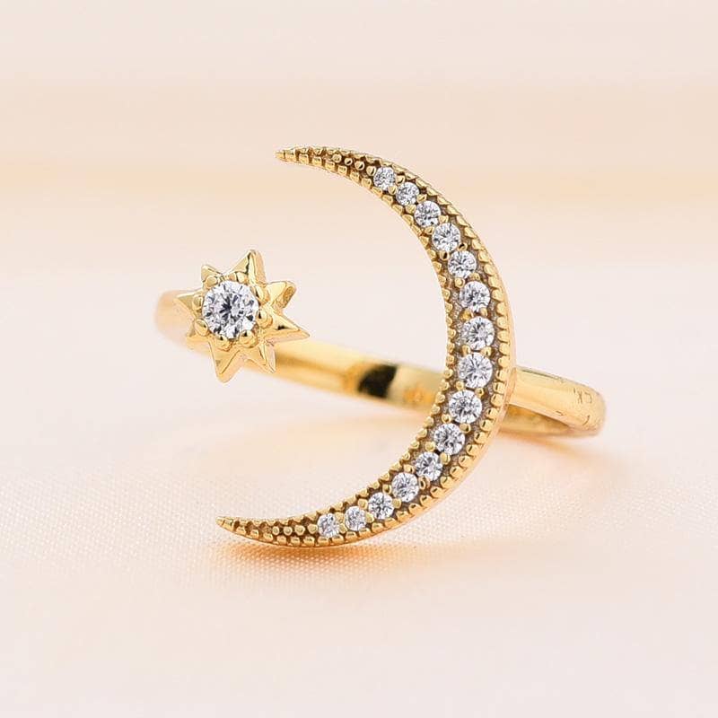 Yellow Gold Crescent Moon & Star Adjustable Open Ring-Black Diamonds New York