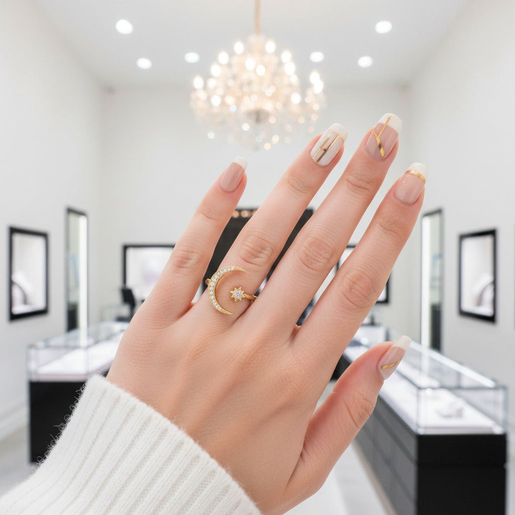 Yellow Gold Crescent Moon & Star Adjustable Open Ring-Black Diamonds New York