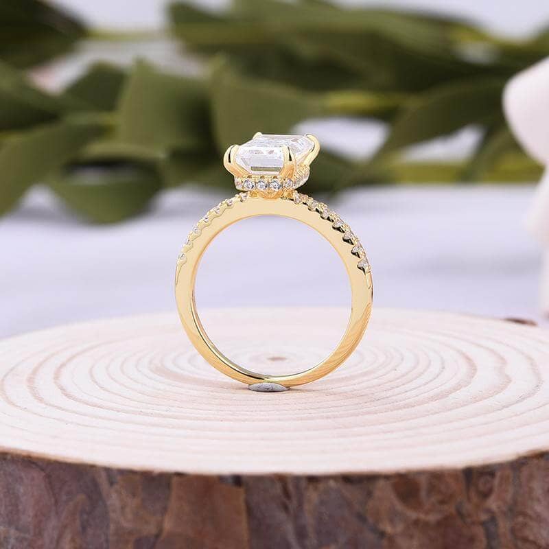 Yellow Gold Emerald Cut Certified Moissanite Engagement Ring-Black Diamonds New York