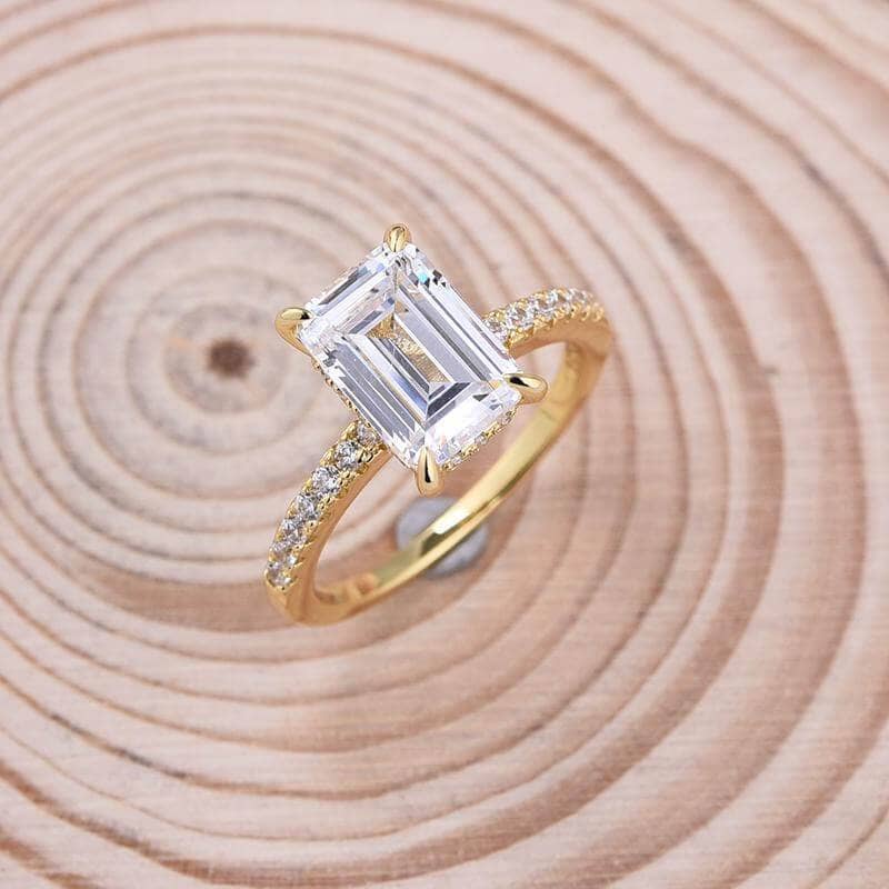 Yellow Gold Emerald Cut Certified Moissanite Engagement Ring-Black Diamonds New York