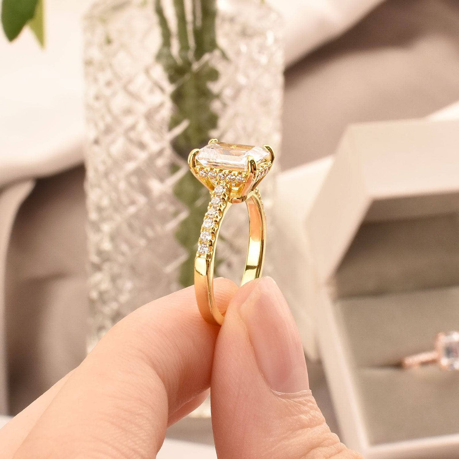 Yellow Gold Emerald Cut Created Diamond Engagement Ring-Black Diamonds New York