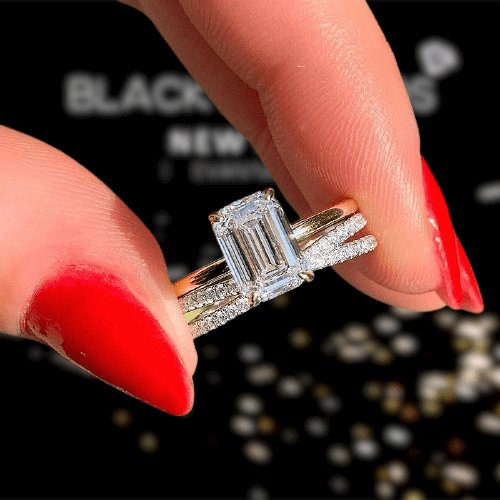 Yellow Gold Emerald Cut Sona Simulated Diamond Ring Set-Black Diamonds New York
