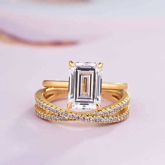 Yellow Gold Emerald Cut Simulated Diamond Ring Set-Black Diamonds New York
