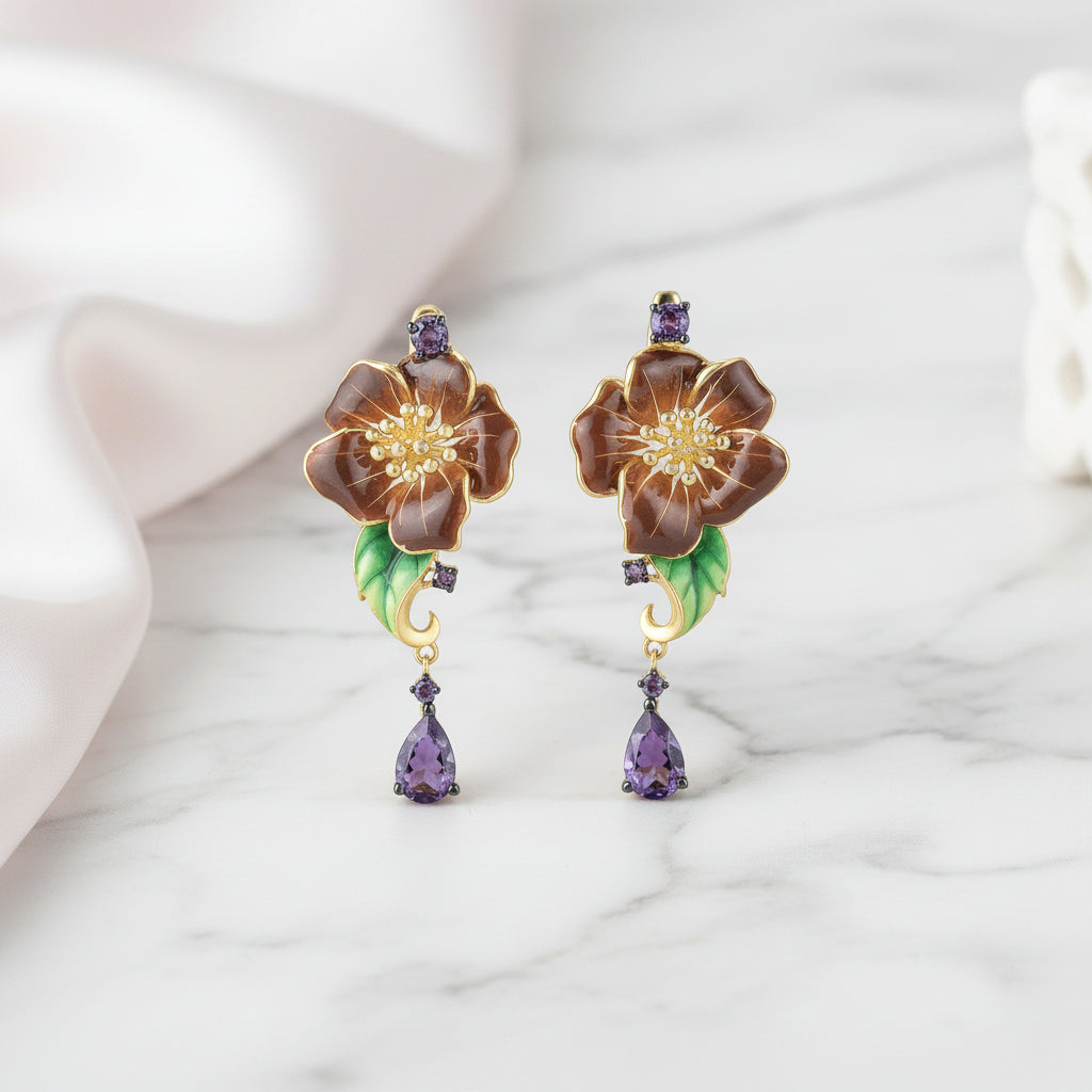 Yellow Gold Enamel Flower with Diamond Option Jewelry Set-Black Diamonds New York