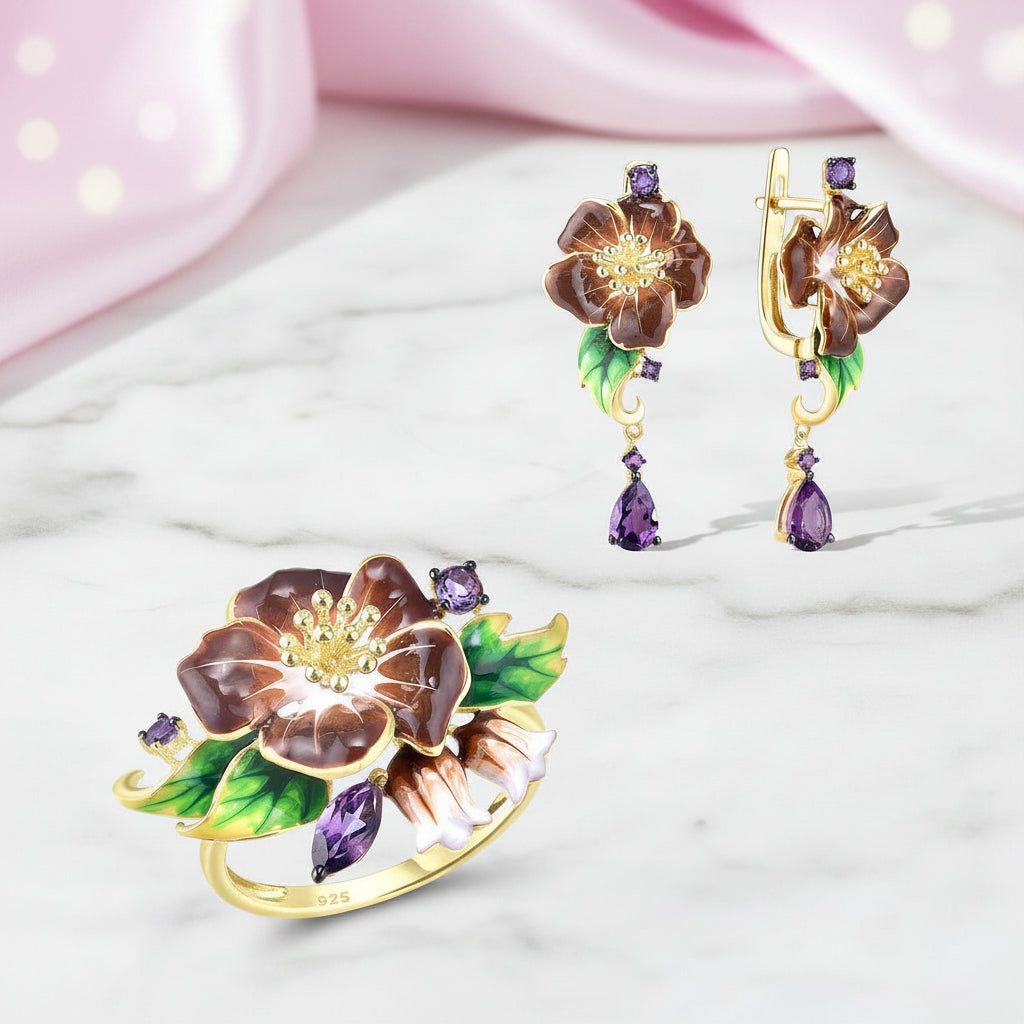 Yellow Gold Enamel Flower with Diamond Option Jewelry Set-Black Diamonds New York