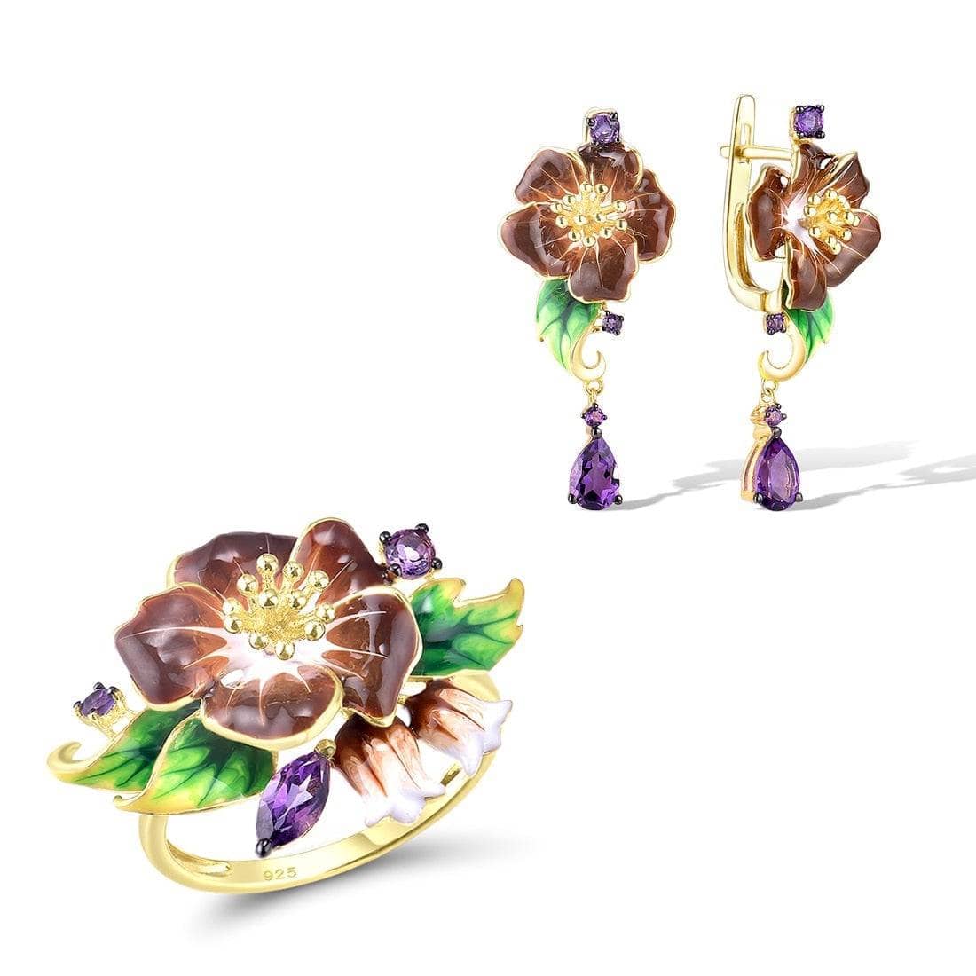 Yellow Gold Enamel Flower with Diamond Option Jewelry Set-Black Diamonds New York