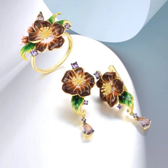 Yellow Gold Enamel Flower with Created Diamond Jewelry Set-Black Diamonds New York