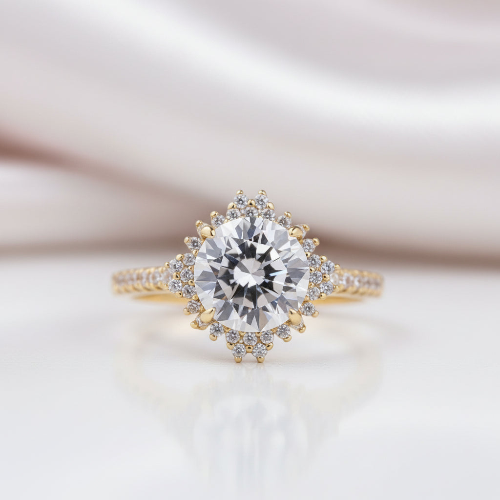 Yellow Gold Flower Halo Design Round Cut Wedding Set-Black Diamonds New York
