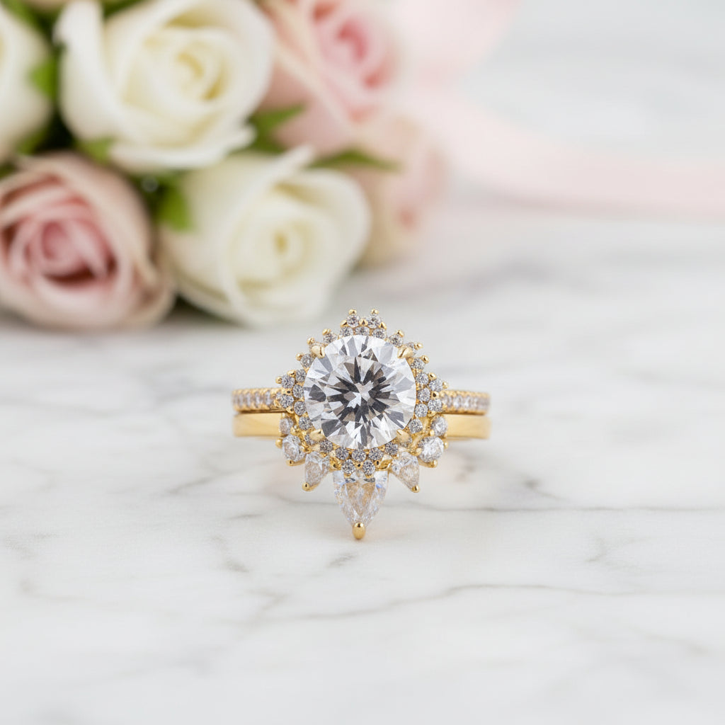 Yellow Gold Flower Halo Design Round Cut Wedding Set-Black Diamonds New York