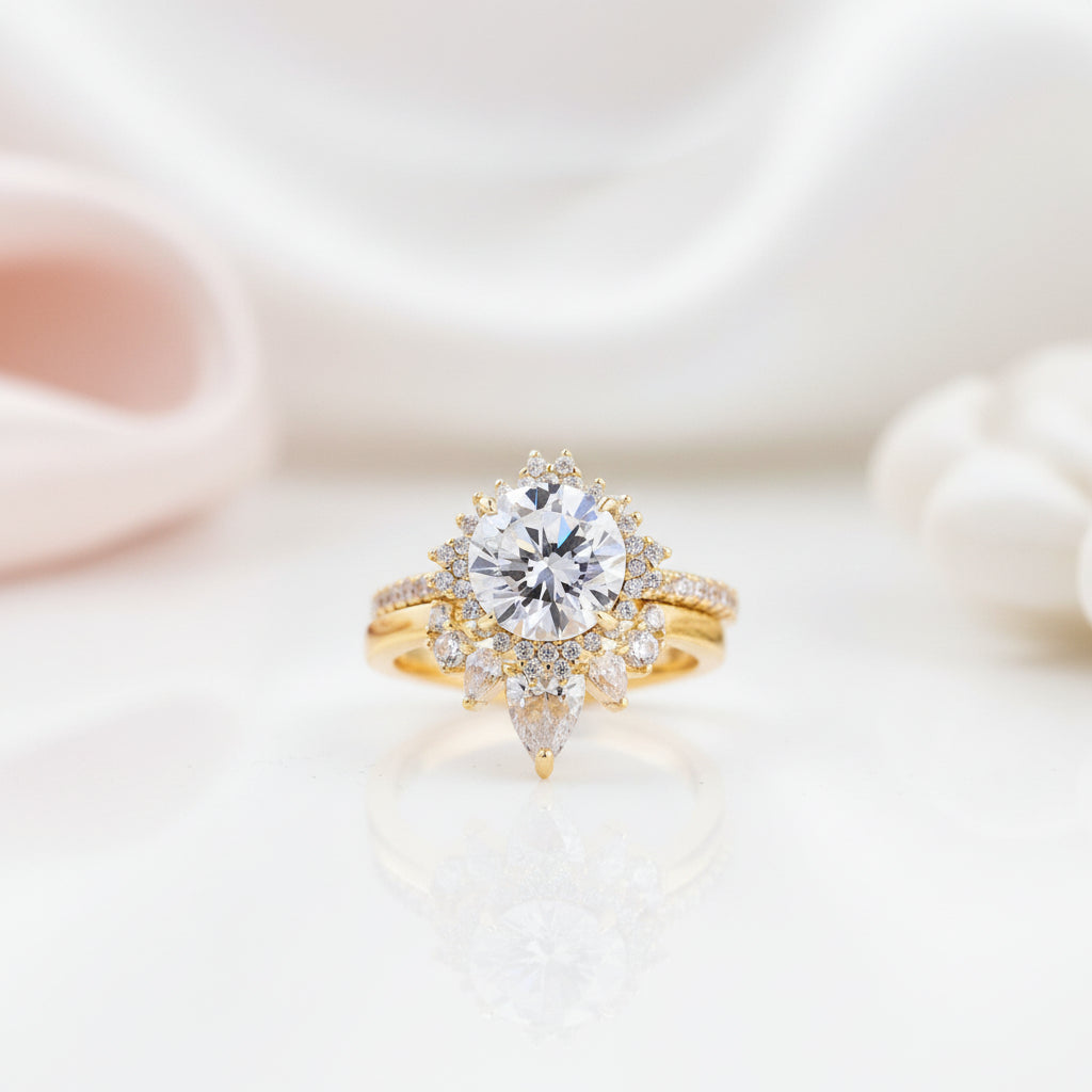 Yellow Gold Flower Halo Design Round Cut Wedding Set-Black Diamonds New York