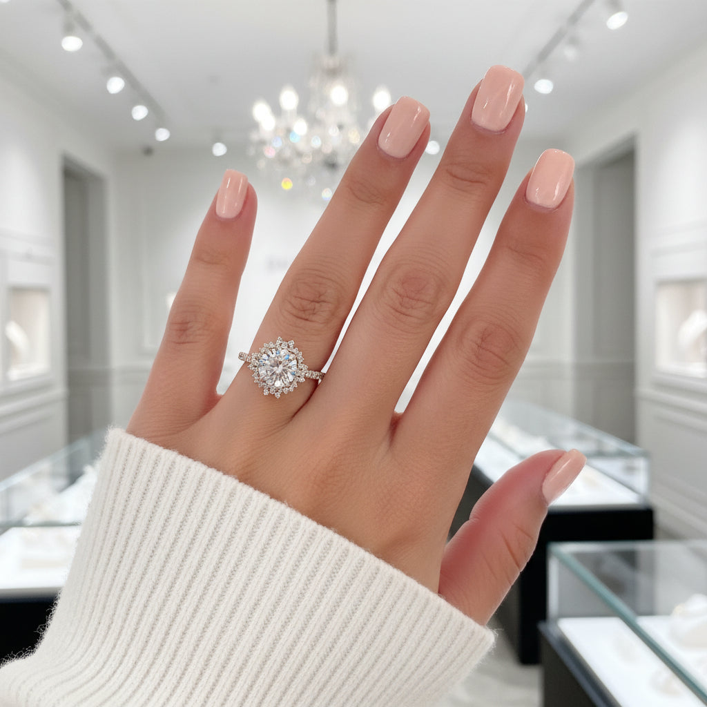 Yellow Gold Flower Halo Round Cut Engagement Ring-Black Diamonds New York