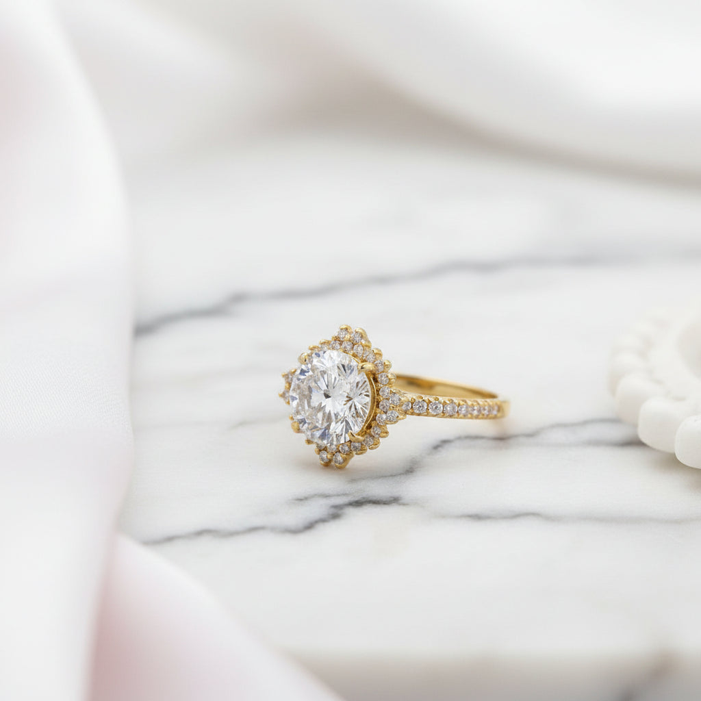 Yellow Gold Flower Halo Round Cut Engagement Ring-Black Diamonds New York
