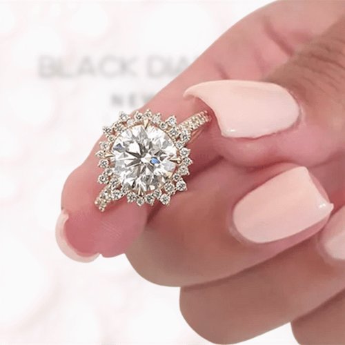Yellow Gold Flower Halo Round Cut Engagement Ring-Black Diamonds New York