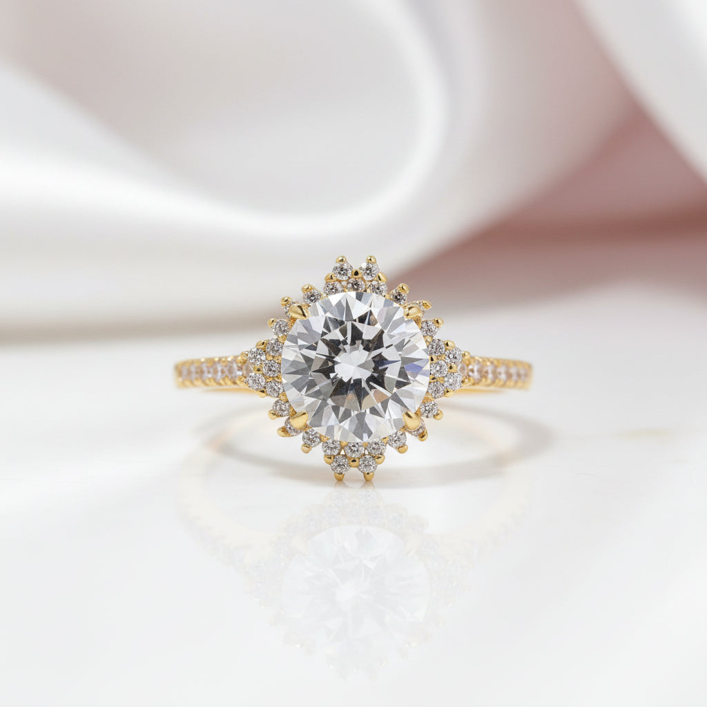 Yellow Gold Flower Halo Round Cut Engagement Ring-Black Diamonds New York