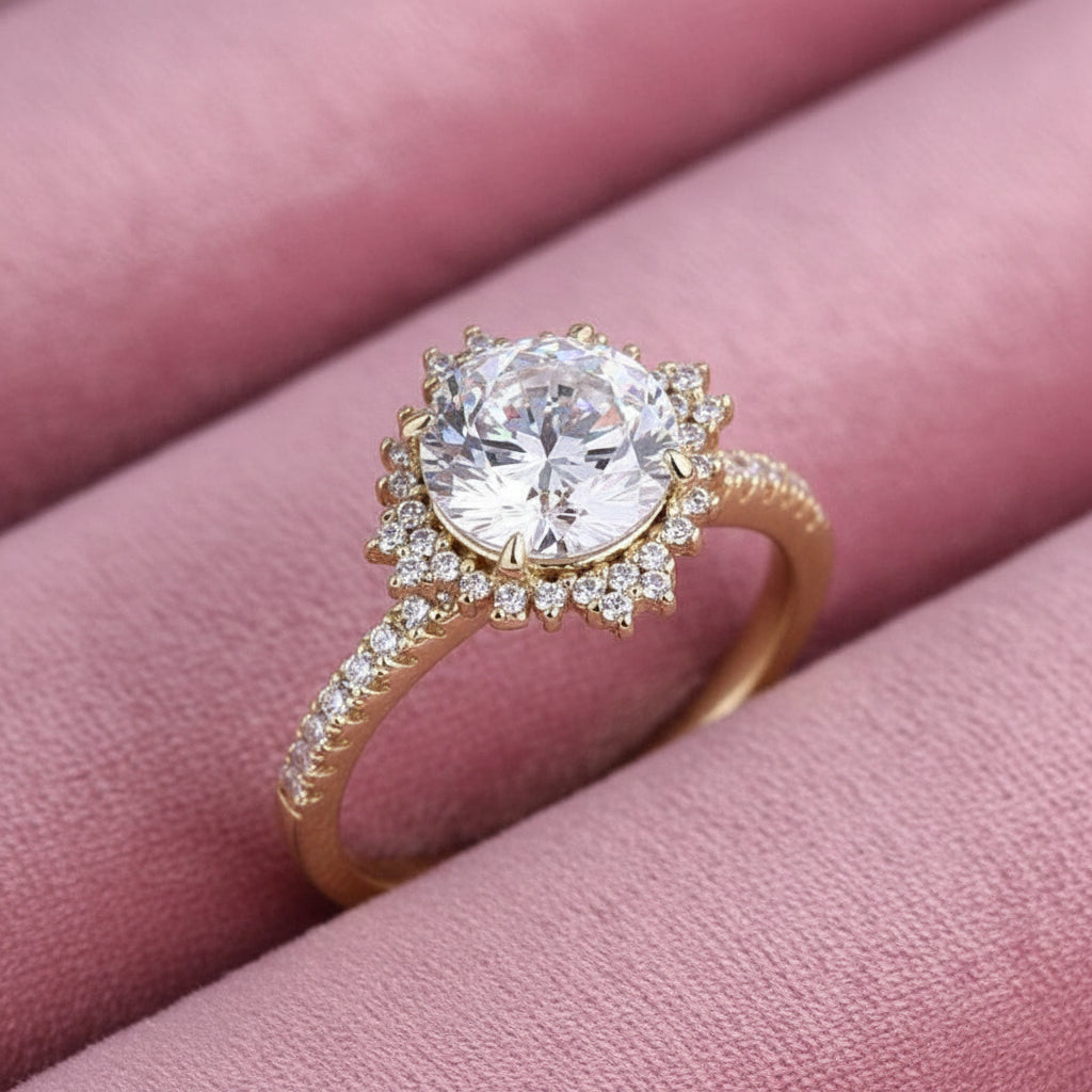 Yellow Gold Flower Halo Round Cut Engagement Ring-Black Diamonds New York