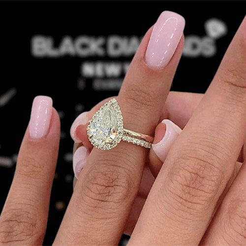 Yellow Gold Halo Pear Cut Sona Simulated Diamonds Bridal Set - Black Diamonds New York
