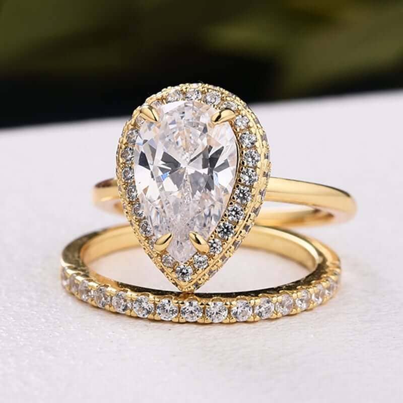 Yellow Gold Halo Pear Cut Sona Simulated Diamonds Bridal Set-Black Diamonds New York