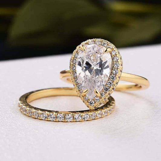 Yellow Gold Halo Pear Cut Sona Simulated Diamonds Bridal Set - Black Diamonds New York