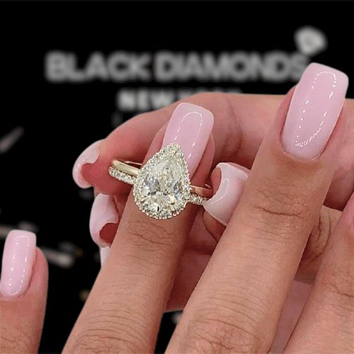 Yellow Gold Halo Pear Cut Sona Simulated Diamonds Bridal Set-Black Diamonds New York
