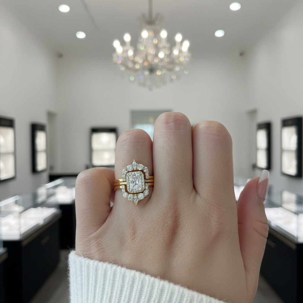 Yellow Gold Halo Radiant Cut 3PC Wedding Set-Black Diamonds New York