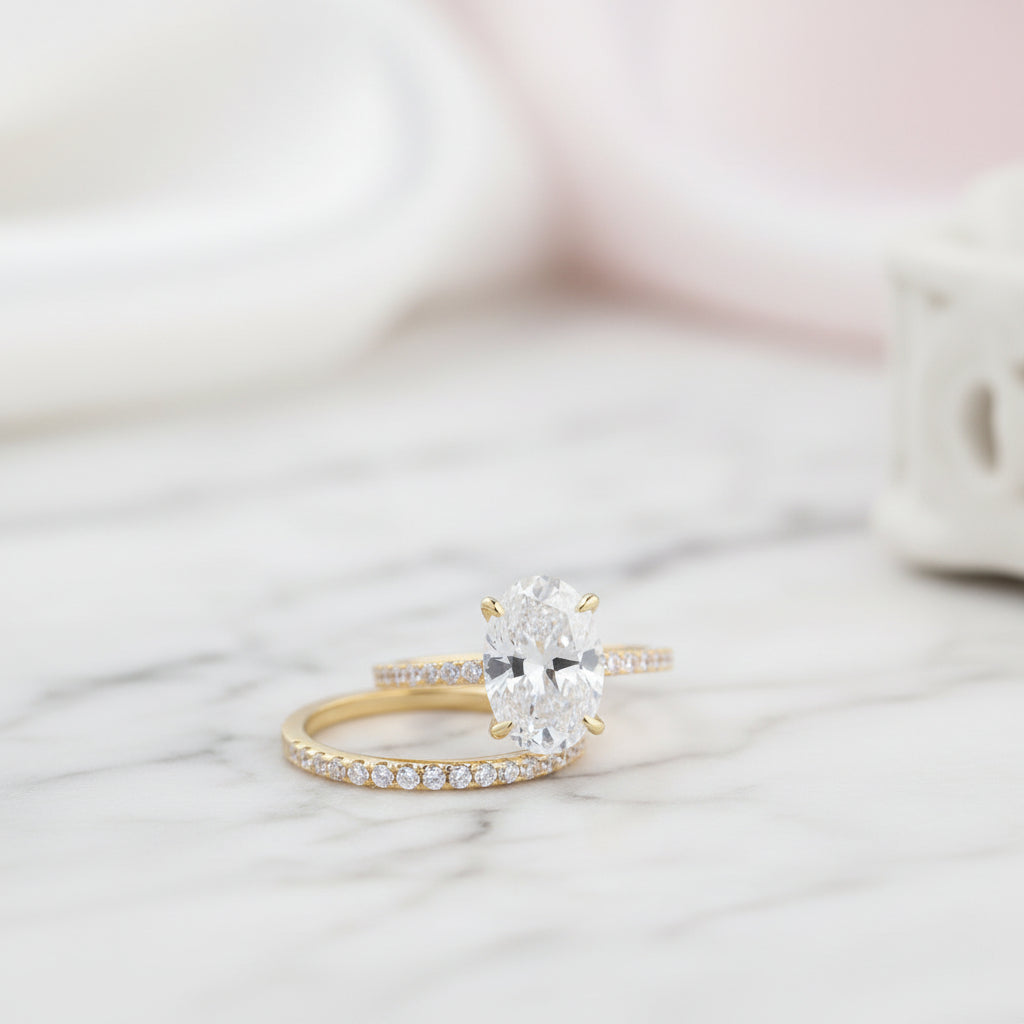 Yellow Gold Oval Cut Simulated Diamond Option Wedding Ring Set-Black Diamonds New York
