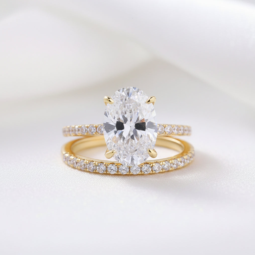 Yellow Gold Oval Cut Simulated Diamond Option Wedding Ring Set-Black Diamonds New York