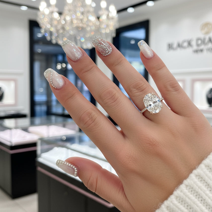 Yellow Gold Oval Cut Simulated Diamond Engagement Ring-Black Diamonds New York