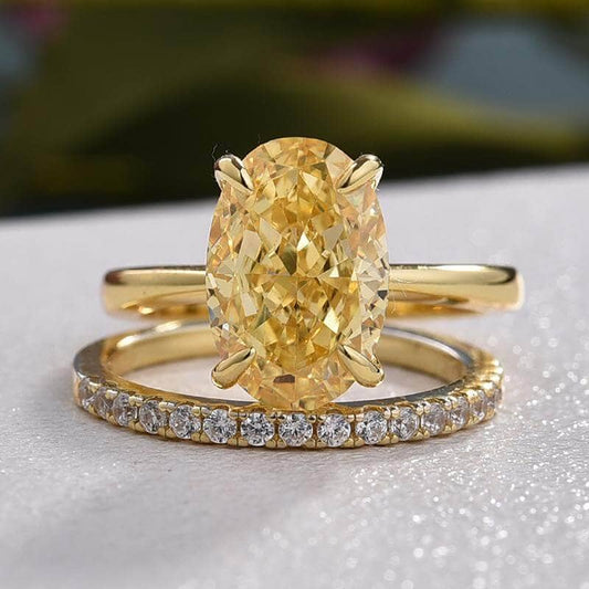 Yellow Gold Oval Cut Yellow Sapphire Engagement Ring Set - Black Diamonds New York