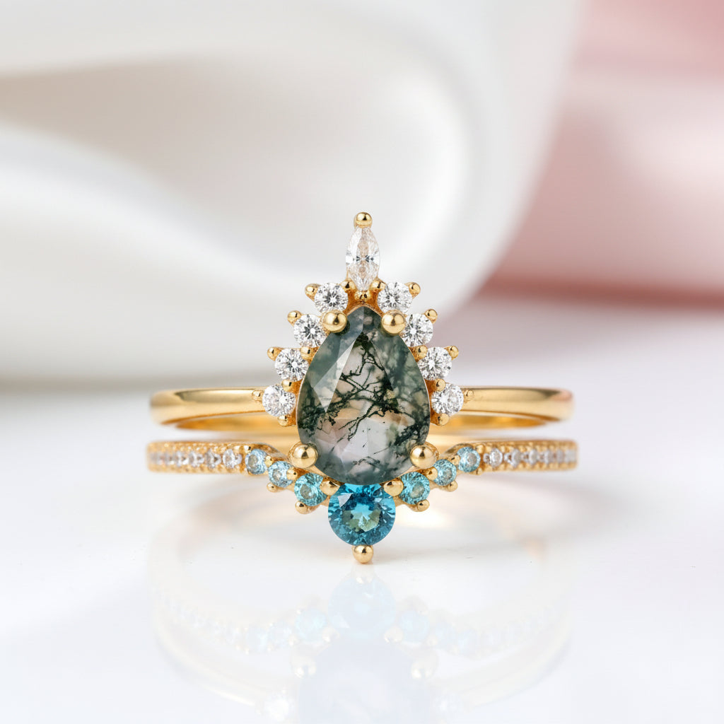 Yellow Gold Pear-cut Natural Moss Agate Vintage Inspired Wedding Rings-Black Diamonds New York