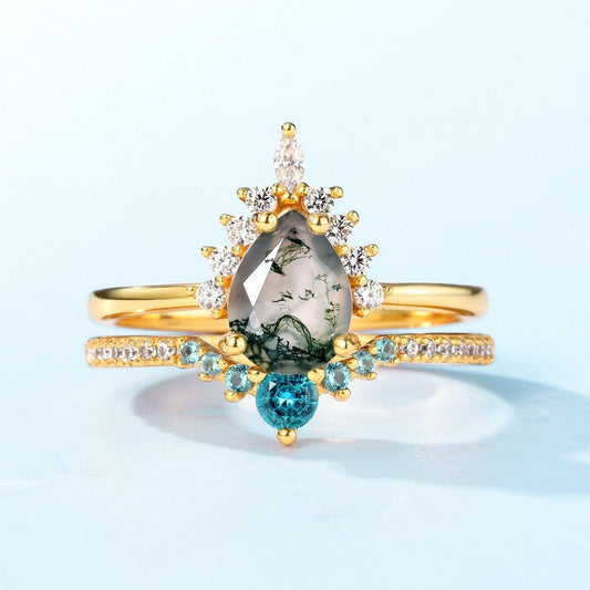 Yellow Gold Pear-cut Natural Moss Agate Vintage Inspired Wedding Rings - Black Diamonds New York