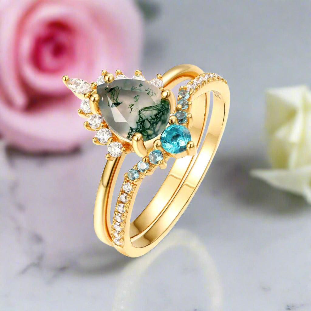 Yellow Gold Pear-cut Natural Moss Agate Vintage Inspired Wedding Rings-Black Diamonds New York
