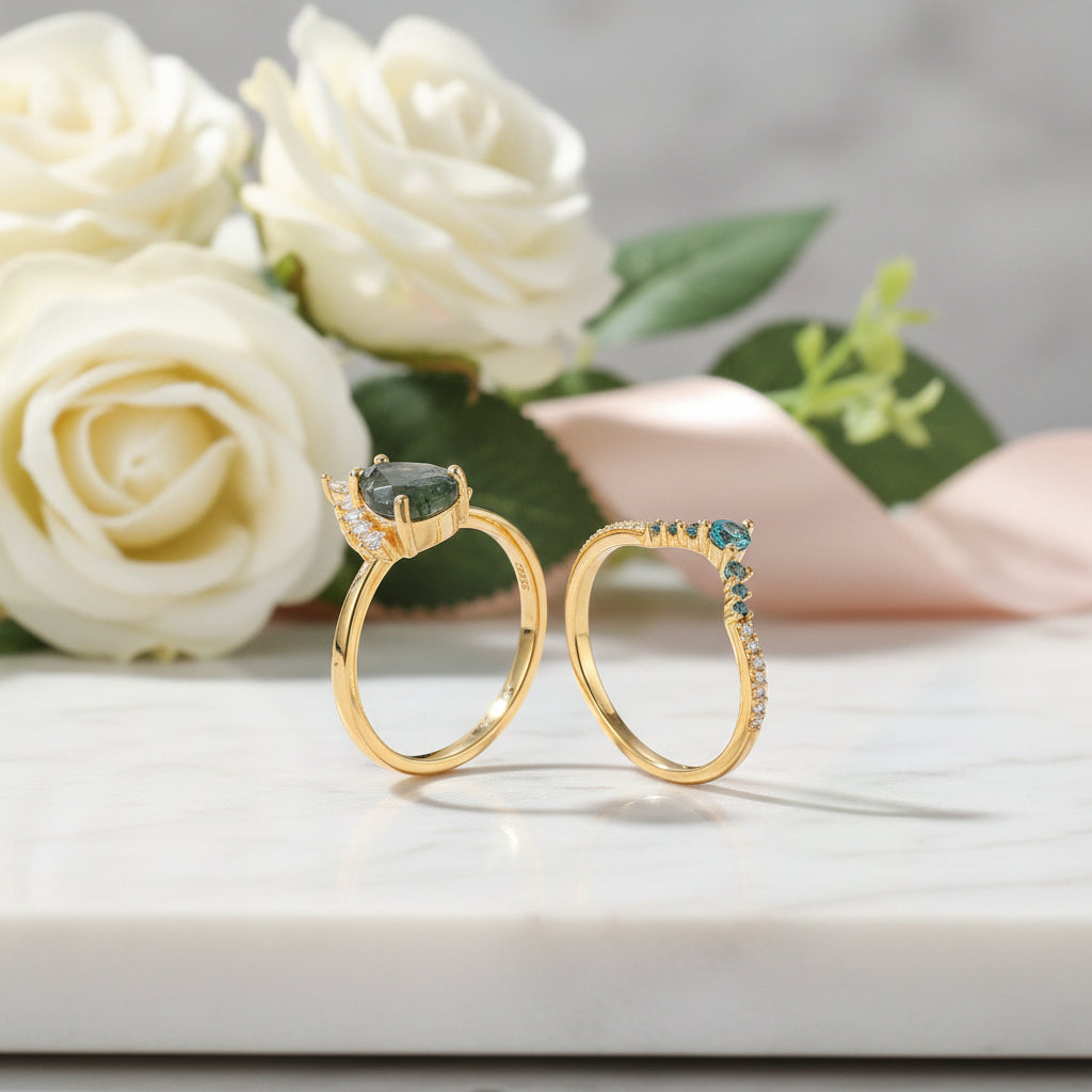 Yellow Gold Pear-cut Natural Moss Agate Vintage Inspired Wedding Rings-Black Diamonds New York