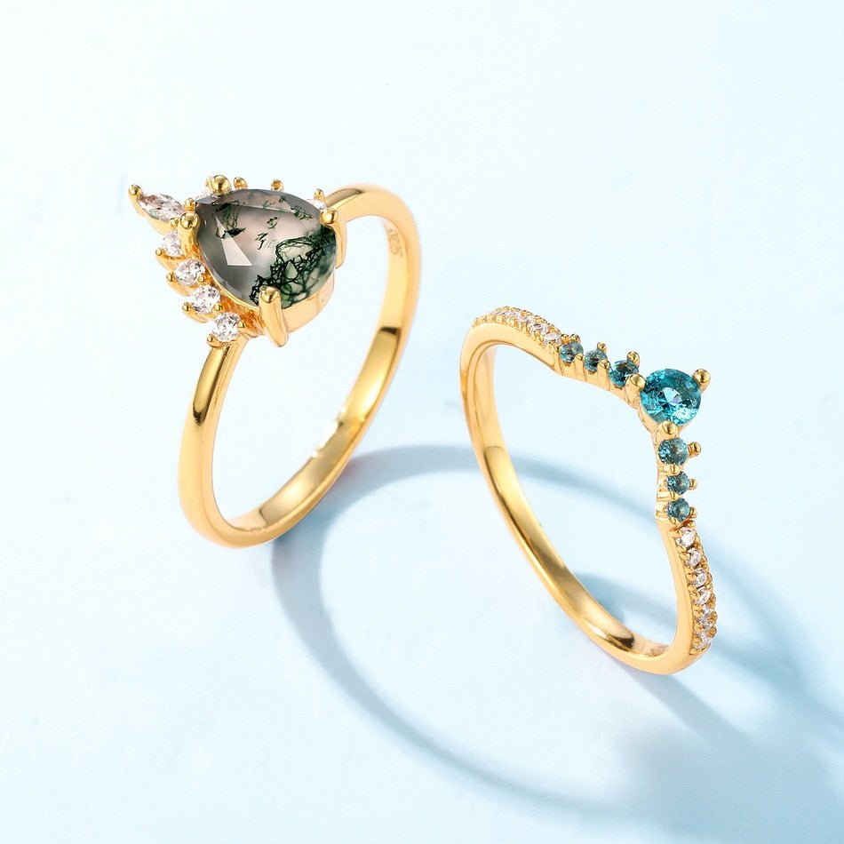 Yellow Gold Pear-cut Natural Moss Agate Vintage Inspired Wedding Rings-Black Diamonds New York