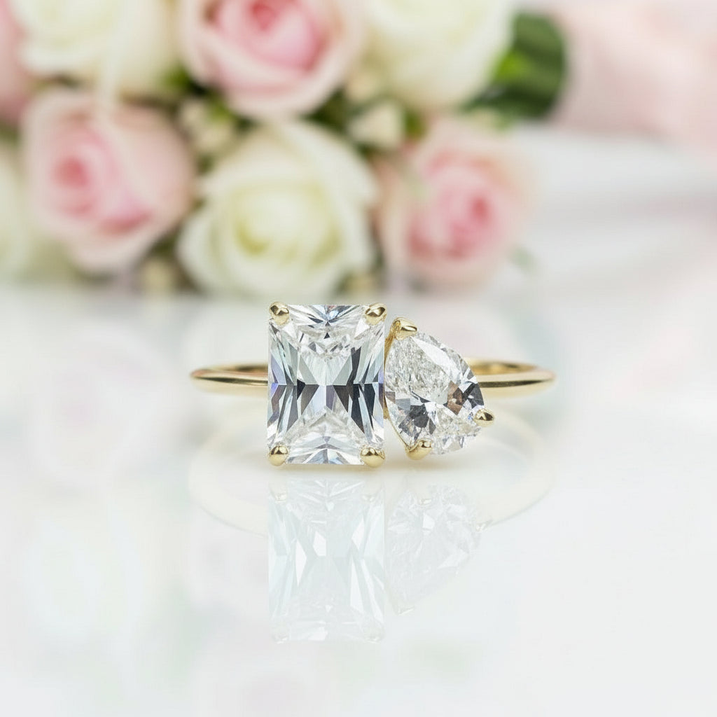 Yellow Gold Emerald & Pear Cut Solitaire Engagement Ring-Black Diamonds New York