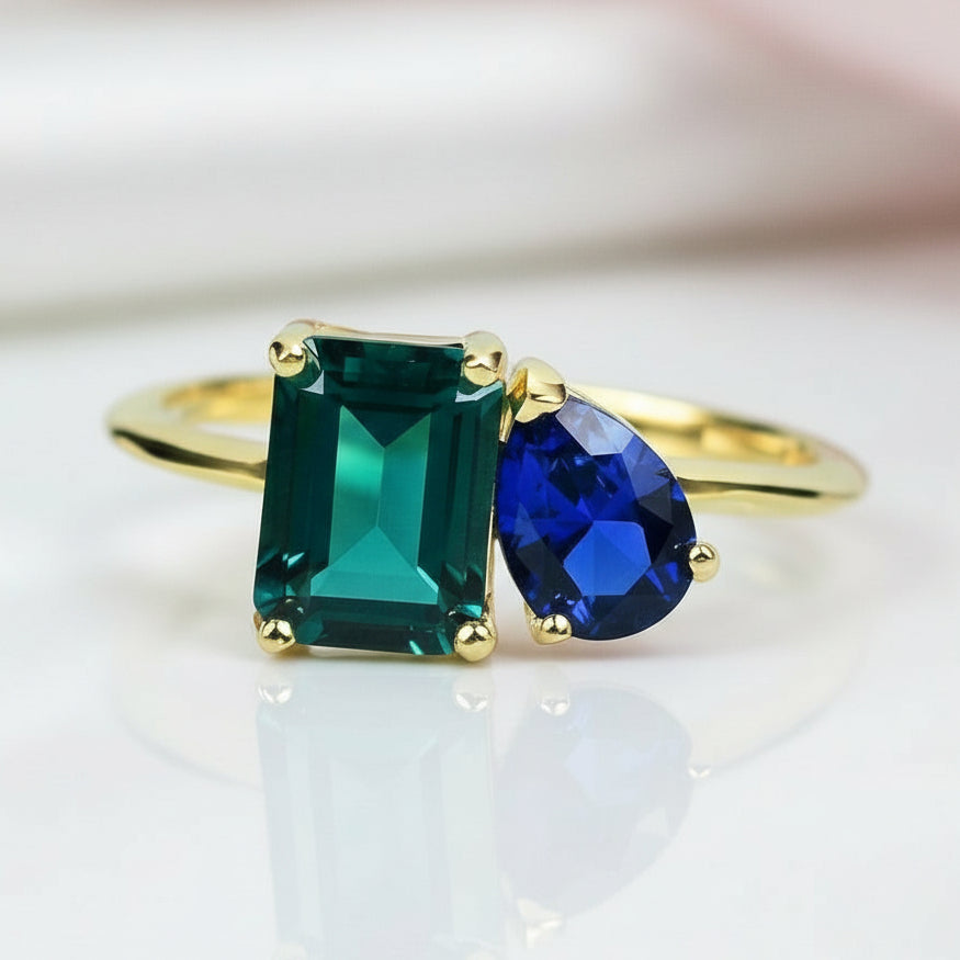 Yellow Gold Emerald & Pear Cut Solitaire Engagement Ring-Black Diamonds New York