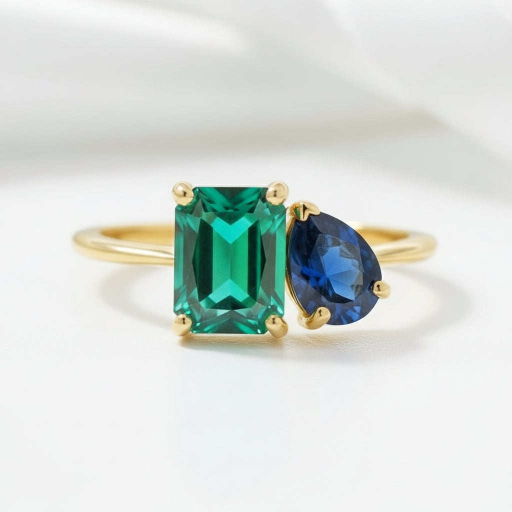 Yellow Gold Emerald & Pear Cut Solitaire Engagement Ring-Black Diamonds New York